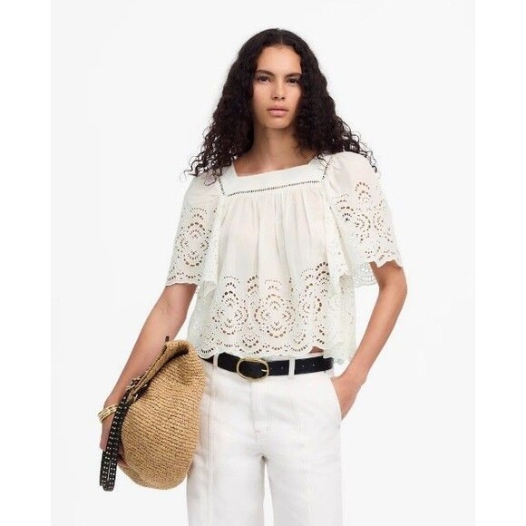 Madewell NWT Eyelet Flutter Sleeve Cotton Blend Women Top Size Small Square Neck - Picture 5 of 16